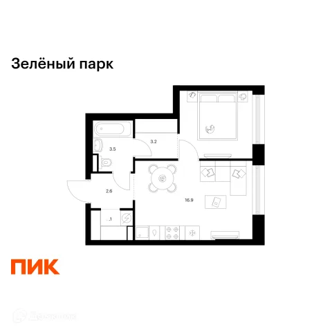 Планировка 1 комн. в ЖК Зелёный парк