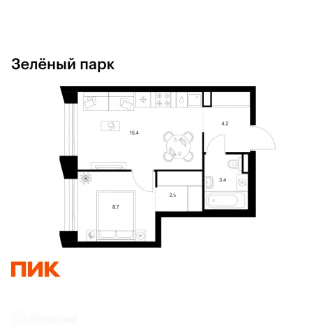 Планировка 1 комн. в ЖК Зелёный парк