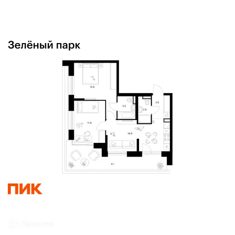 Планировка 2 комн. в ЖК Зелёный парк