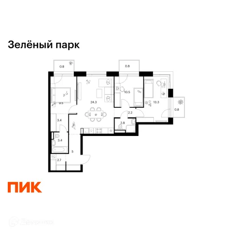 Планировка 3 комн. в ЖК Зелёный парк