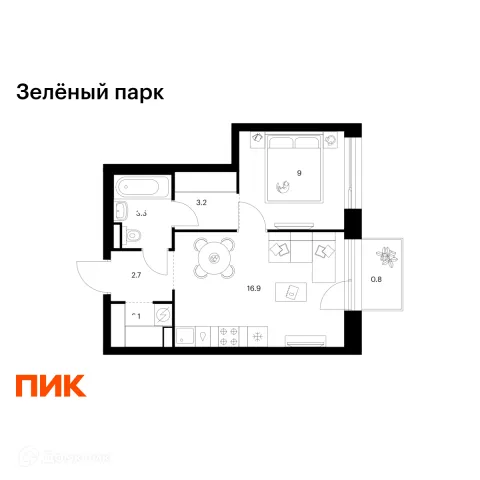 Планировка 1 комн. в ЖК Зелёный парк