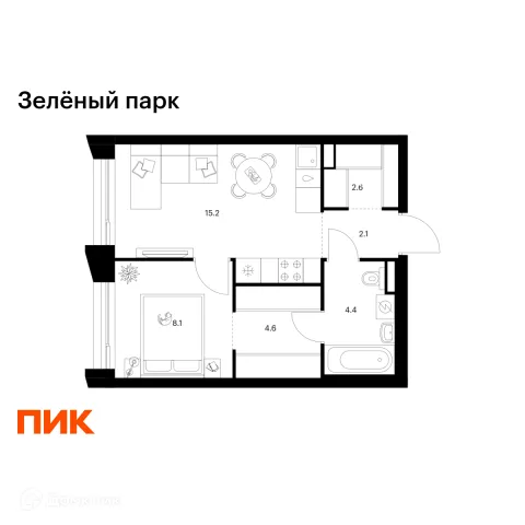Планировка 1 комн. в ЖК Зелёный парк