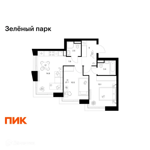 Планировка 2 комн. в ЖК Зелёный парк