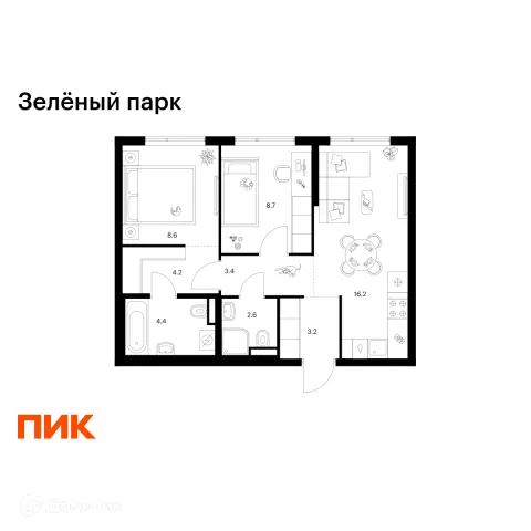 Планировка 2 комн. в ЖК Зелёный парк