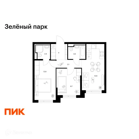 Планировка 2 комн. в ЖК Зелёный парк