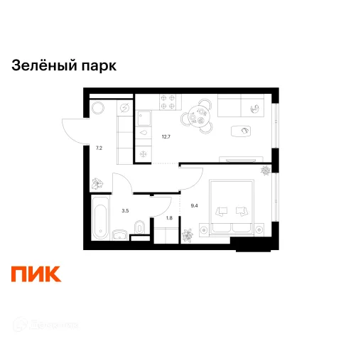Планировка 1 комн. в ЖК Зелёный парк