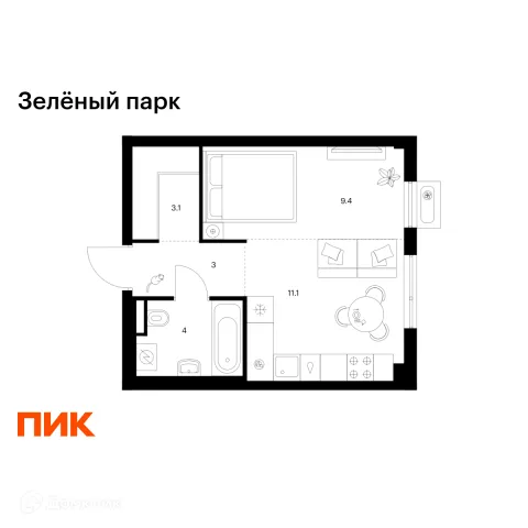 Планировка 1 комн. в ЖК Зелёный парк