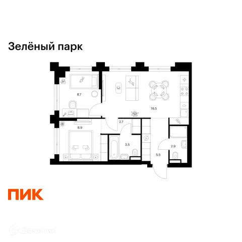 Планировка 2 комн. в ЖК Зелёный парк