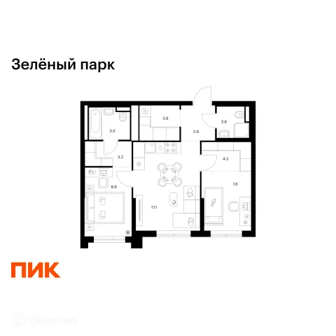 Планировка 2 комн. в ЖК Зелёный парк