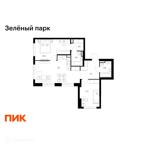 Планировка 2 комн. в ЖК Зелёный парк