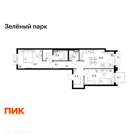 Планировка 2 комн. в ЖК Зелёный парк