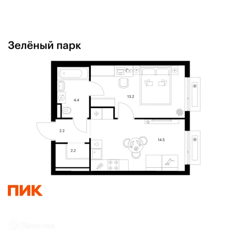 Планировка 1 комн. в ЖК Зелёный парк