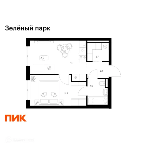 Планировка 1 комн. в ЖК Зелёный парк