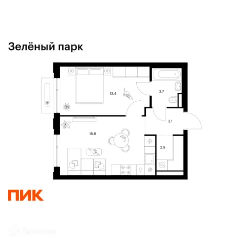 Планировка 1 комн. в ЖК Зелёный парк