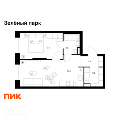 Планировка 1 комн. в ЖК Зелёный парк