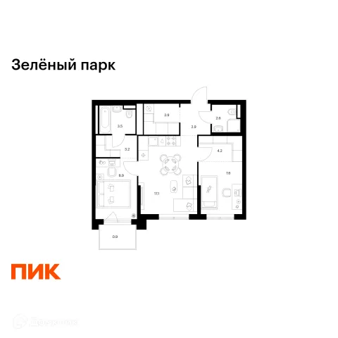 Планировка 2 комн. в ЖК Зелёный парк