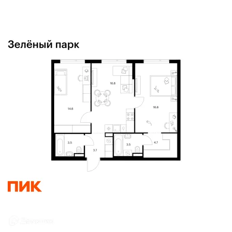 Планировка 2 комн. в ЖК Зелёный парк