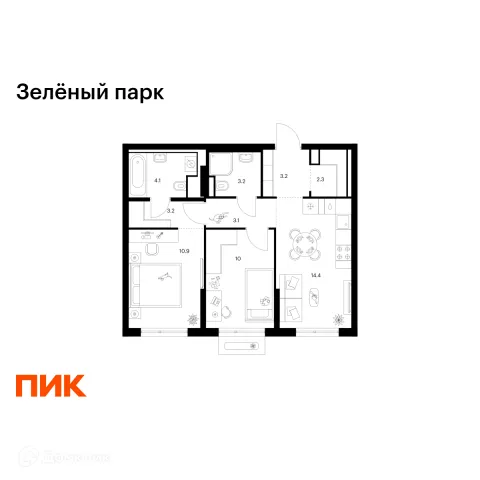Планировка 2 комн. в ЖК Зелёный парк