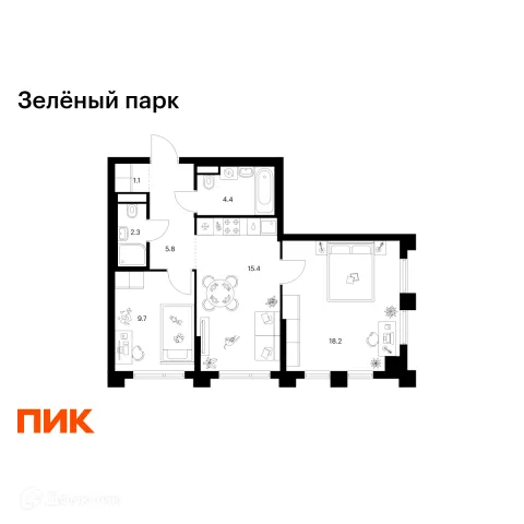 Планировка 2 комн. в ЖК Зелёный парк