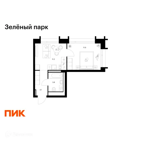Планировка 1 комн. в ЖК Зелёный парк
