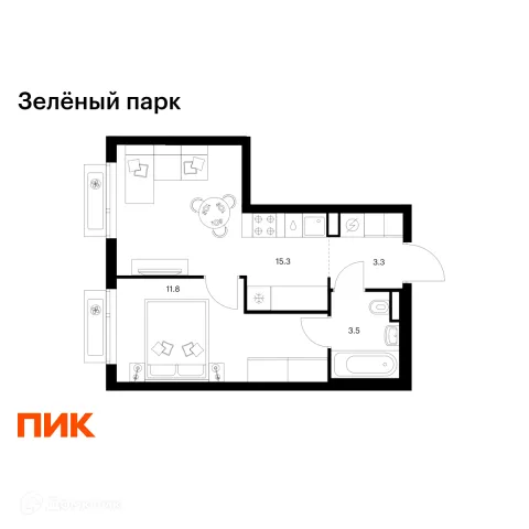 Планировка 1 комн. в ЖК Зелёный парк