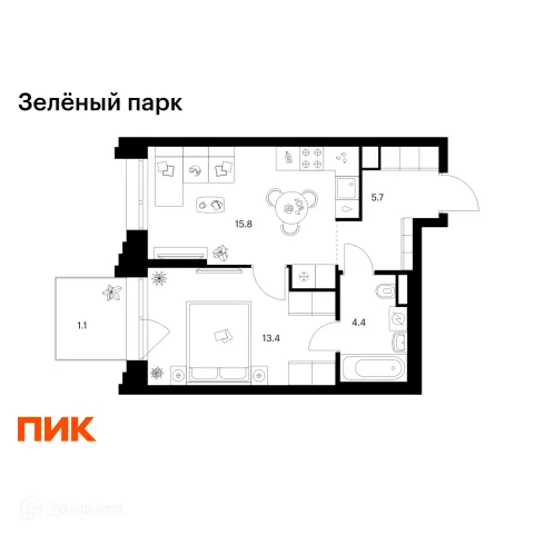 Планировка 1 комн. в ЖК Зелёный парк
