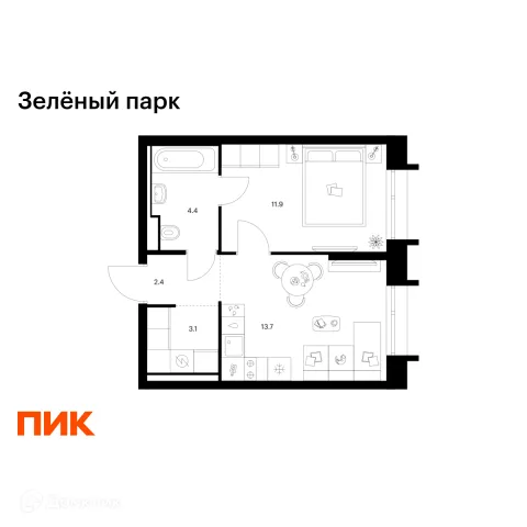 Планировка 1 комн. в ЖК Зелёный парк