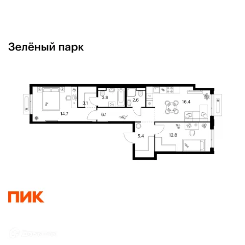 Планировка 2 комн. в ЖК Зелёный парк