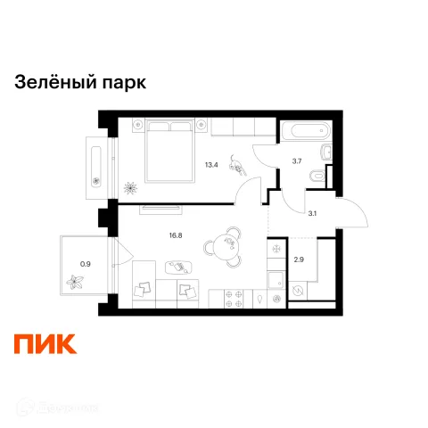 Планировка 1 комн. в ЖК Зелёный парк