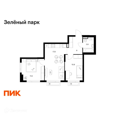 Планировка 2 комн. в ЖК Зелёный парк