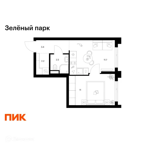 Планировка 1 комн. в ЖК Зелёный парк