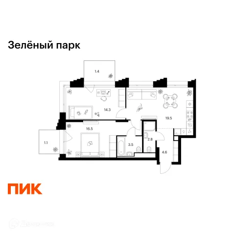 Планировка 2 комн. в ЖК Зелёный парк