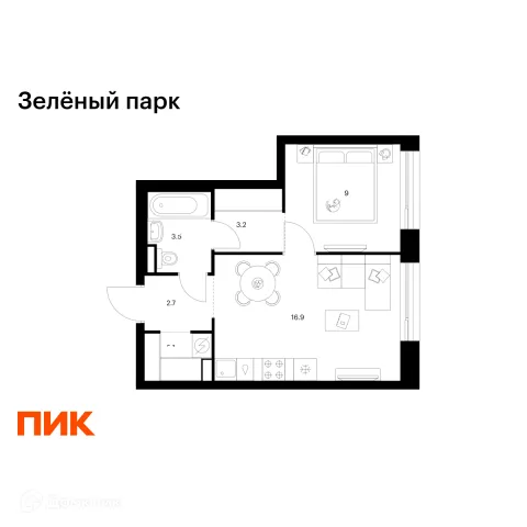 Планировка 1 комн. в ЖК Зелёный парк