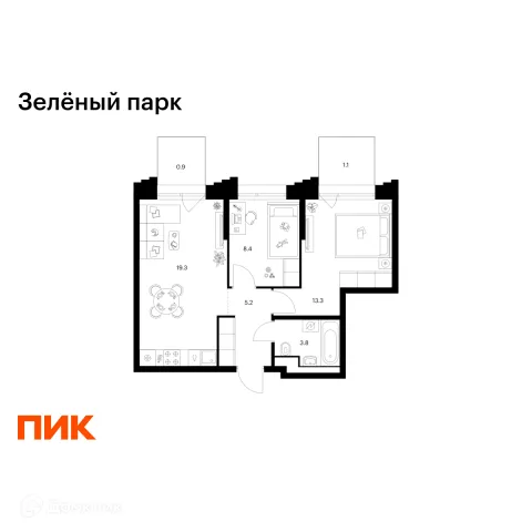 Планировка 2 комн. в ЖК Зелёный парк