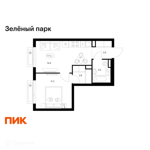 Планировка 1 комн. в ЖК Зелёный парк