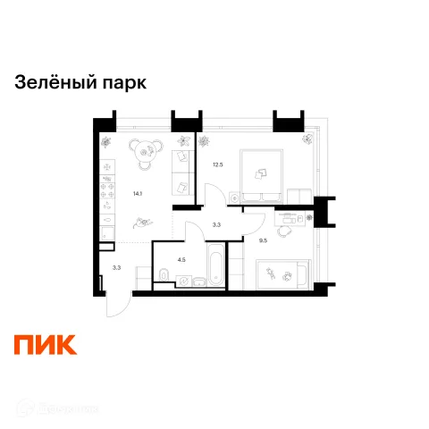 Планировка 2 комн. в ЖК Зелёный парк