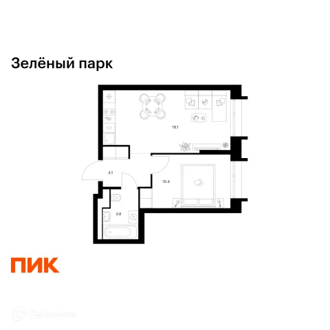 Планировка 1 комн. в ЖК Зелёный парк