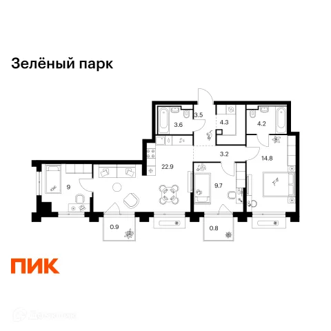 Планировка 3 комн. в ЖК Зелёный парк