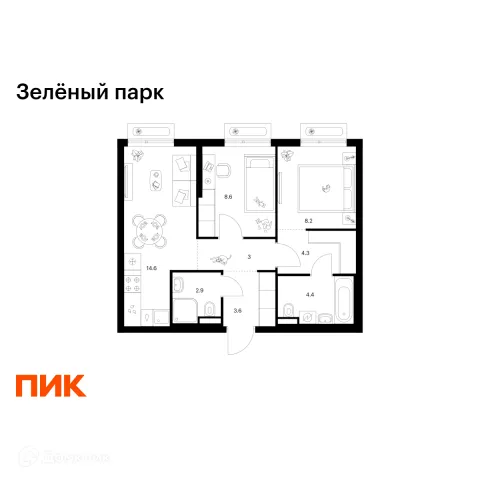 Планировка 2 комн. в ЖК Зелёный парк