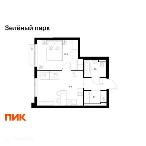 Планировка 1 комн. в ЖК Зелёный парк