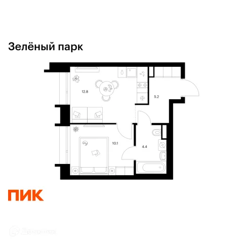Планировка 1 комн. в ЖК Зелёный парк