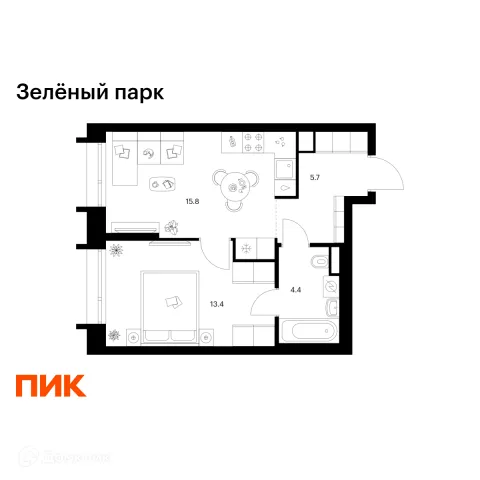 Планировка 1 комн. в ЖК Зелёный парк