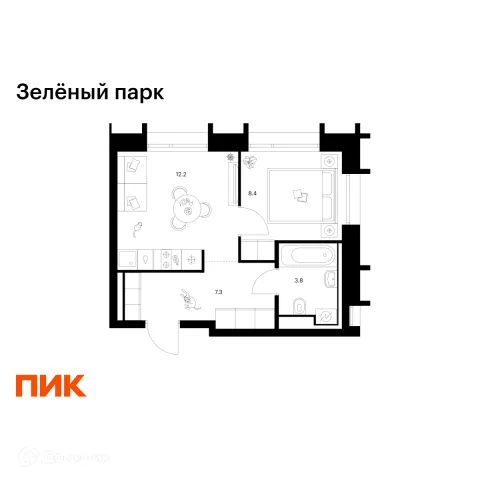 Планировка 1 комн. в ЖК Зелёный парк