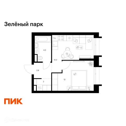 Планировка 1 комн. в ЖК Зелёный парк
