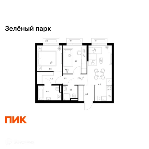 Планировка 2 комн. в ЖК Зелёный парк