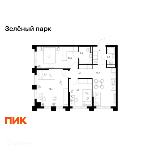 Планировка 3 комн. в ЖК Зелёный парк