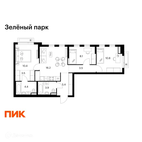 Планировка 3 комн. в ЖК Зелёный парк