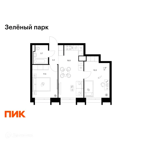Планировка 2 комн. в ЖК Зелёный парк