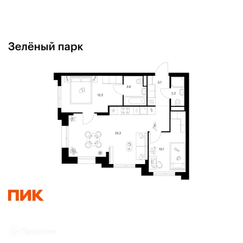 Планировка 2 комн. в ЖК Зелёный парк