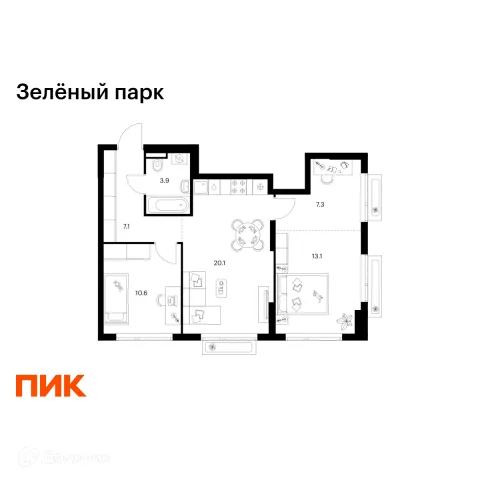 Планировка 2 комн. в ЖК Зелёный парк